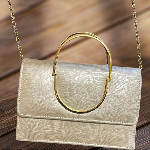 Y&S Ivory with Gold Tone Chain Shoulder Cross Body Clutch Bag - Picture 10 of 15